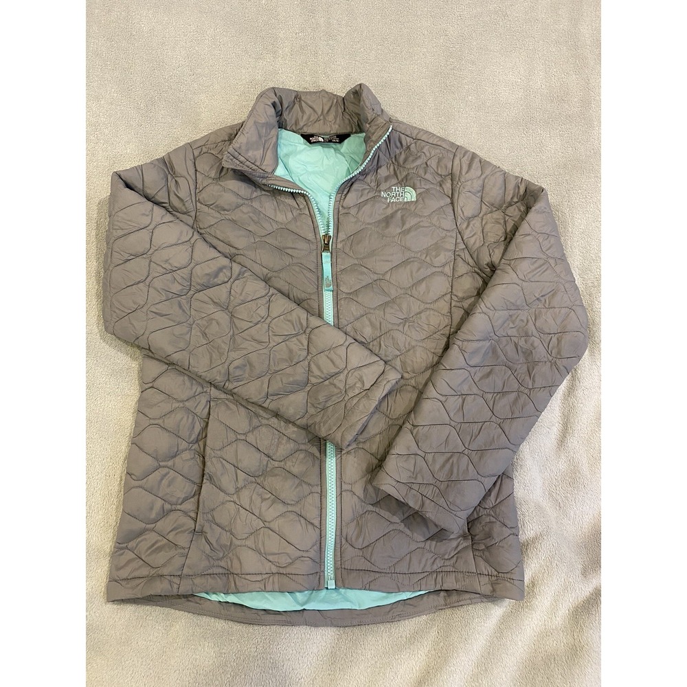 Girls North Face Thermal all Puffer Zip Up Jacket Gray Teal Size L(14/16)